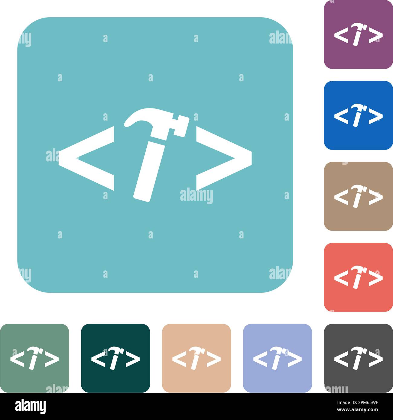 Web development with hammer white flat icons on color rounded square backgrounds Stock Vector