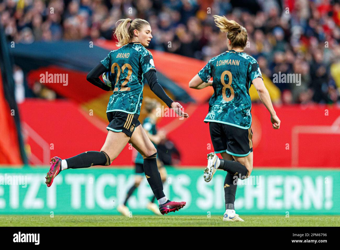Nuremberg, Deutschland. 11th Apr, 2023. firo: April 11th, 2023, football, soccer, friendly match DFB women's country game national team Germany - Brazil Jule Brand (Germany) cheers after her goal to 2:1 with Sydney Lohmann (Germany) Credit: dpa/Alamy Live News Stock Photo