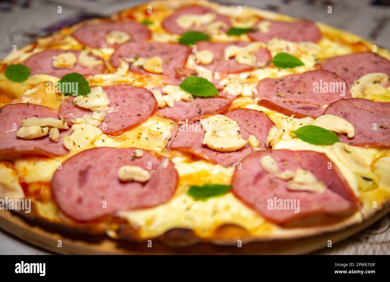 Traditional Brazilian pizza with Canadian loin with mushrooms known as 'Pizza de lombo Canadense com champignon ' Stock Photo