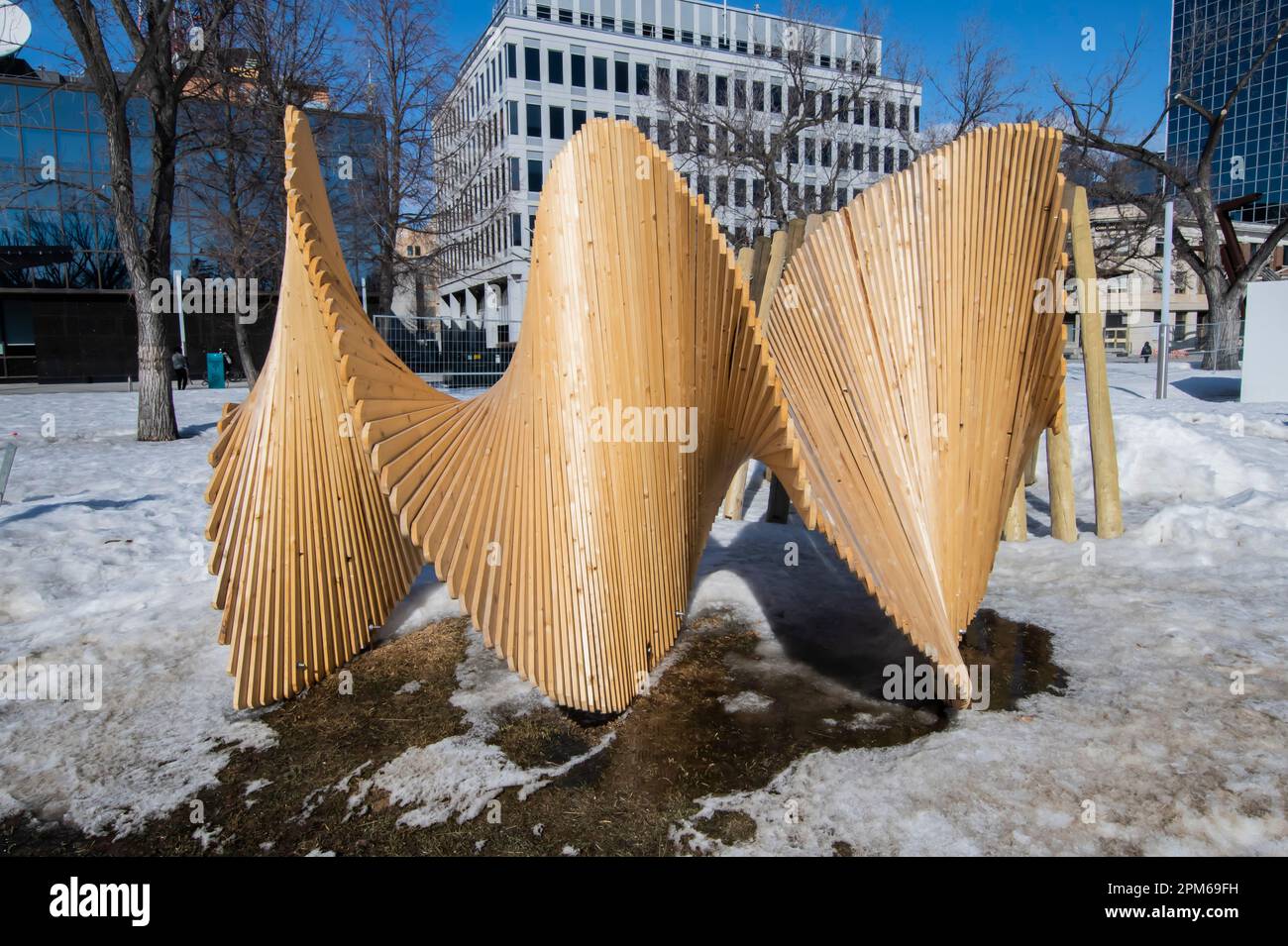 Wooden abstract sculptures in Victoria Park in downtown Regina