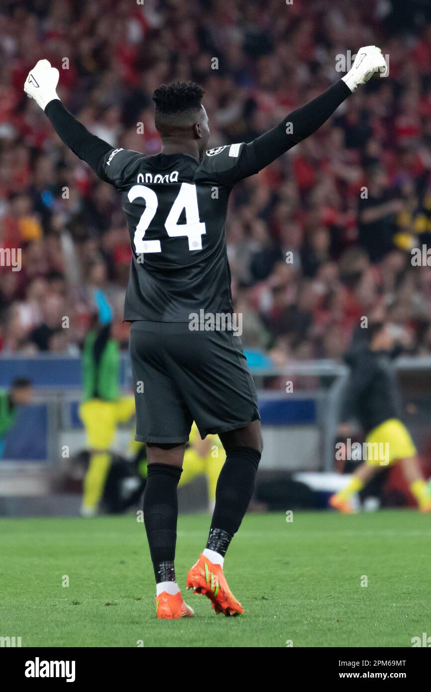 Lisbon, Portugal. 11th Apr, 2023. April 11, 2023. Lisbon, Portugal. Inter Milan's goalkeeper from Cameroon Andre Onana (24) in action during the game of the 1st Leg of the Quarter-Finals for the UEFA Champions League, Benfica vs Inter Milan Credit: Alexandre de Sousa/Alamy Live News Stock Photo