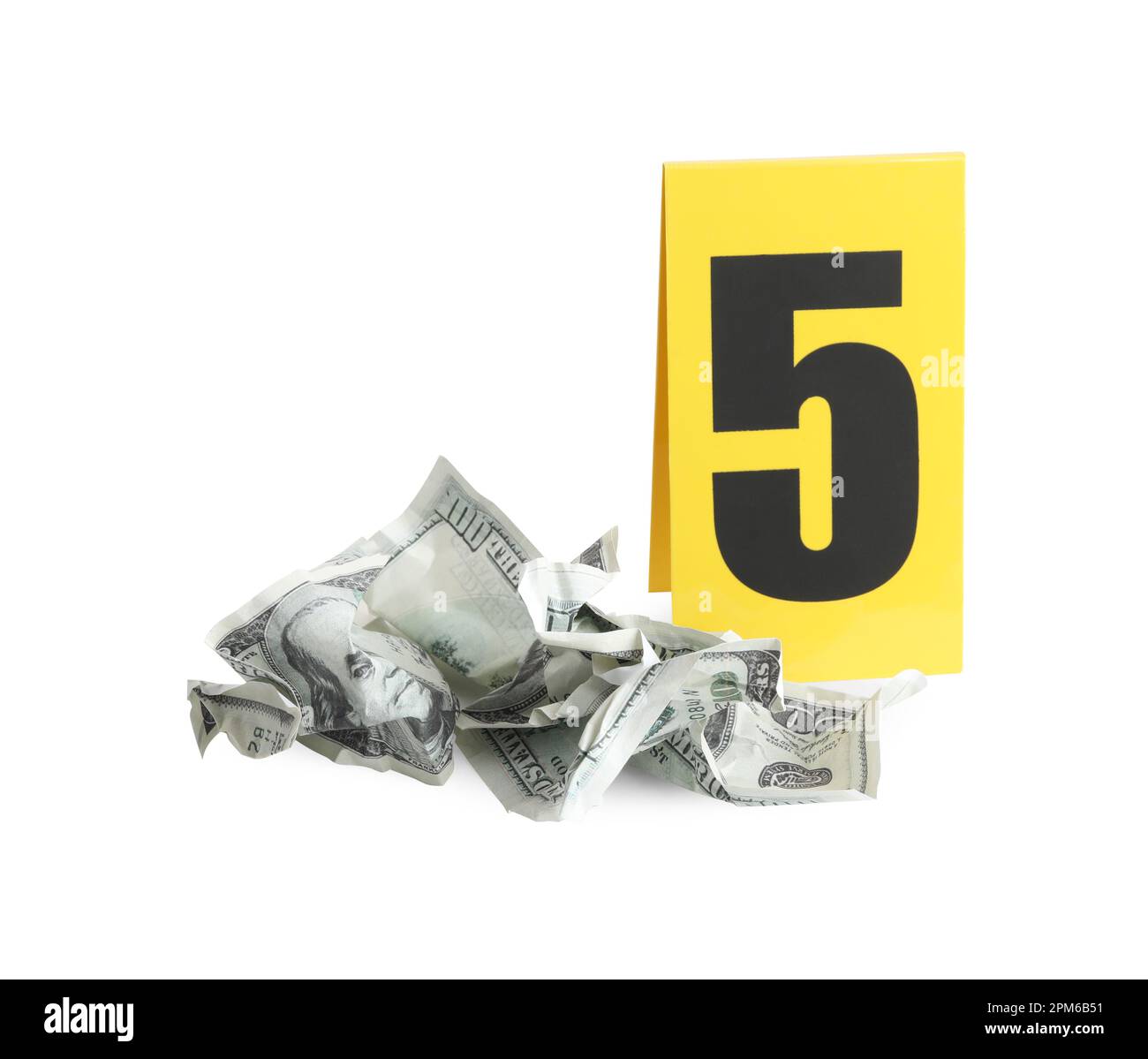 Bloody crumpled dollars and crime scene marker with number five ...