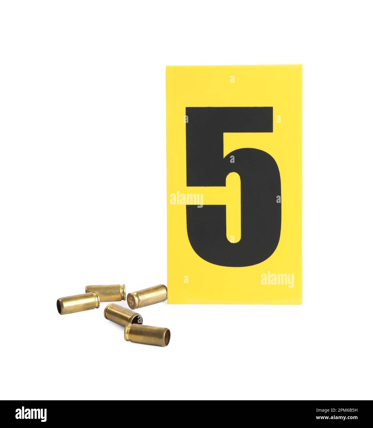Shell casings and crime scene marker with number five isolated on white
