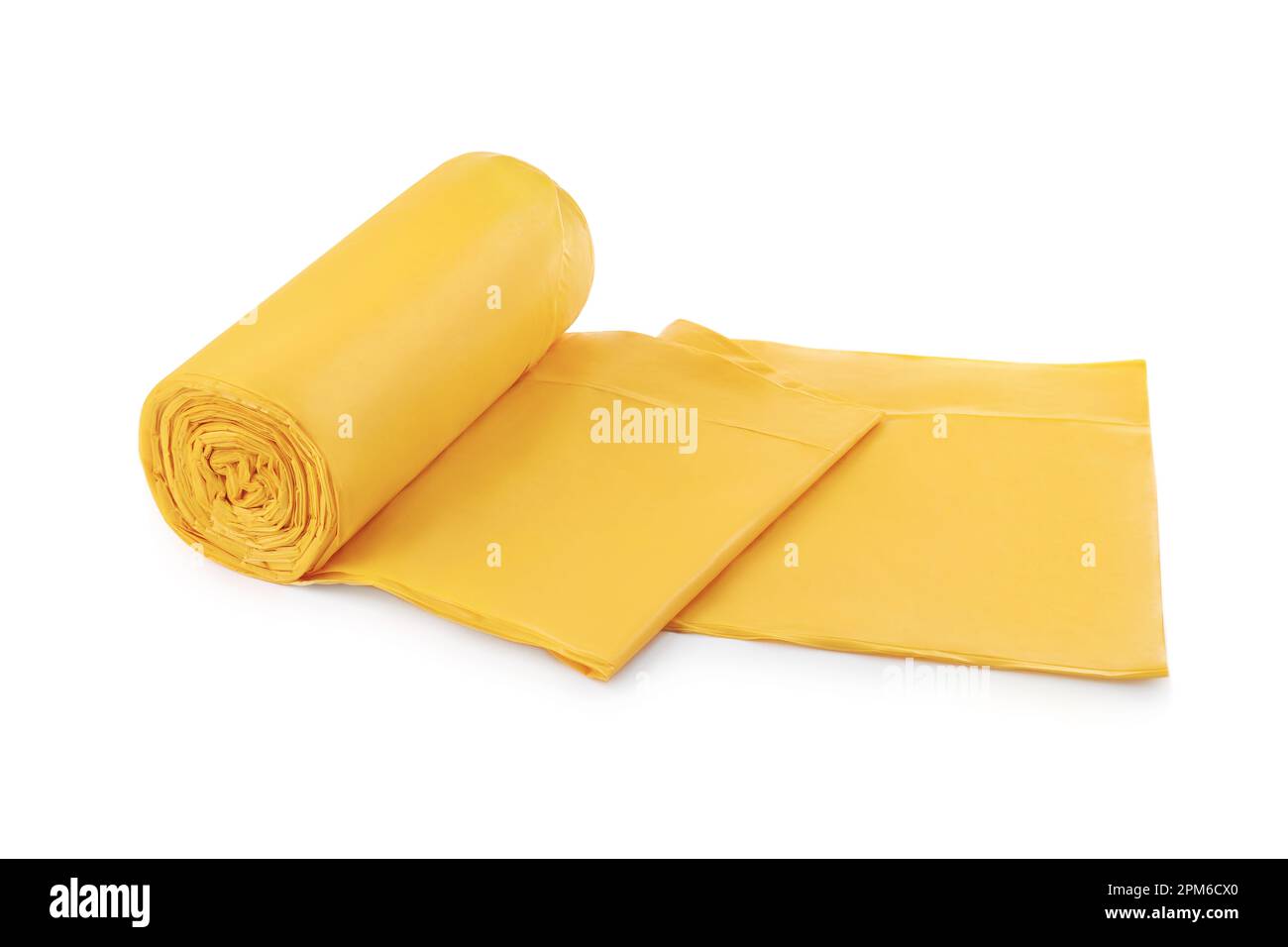 Rolls Of Yellow Trash Bags On White Background Stock Photo