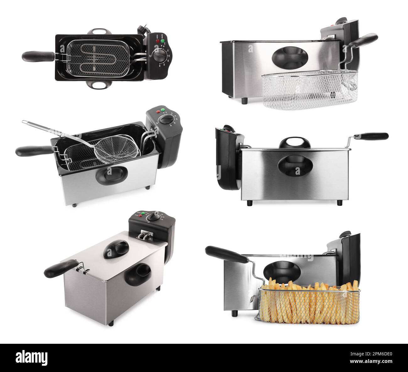 Set with modern deep fryers on white background Stock Photo - Alamy