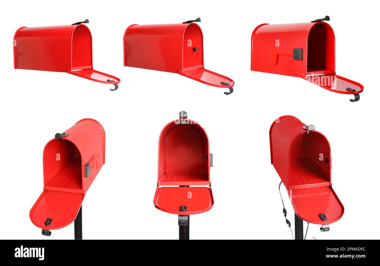 Set with open red letter boxes on white background Stock Photo Alamy