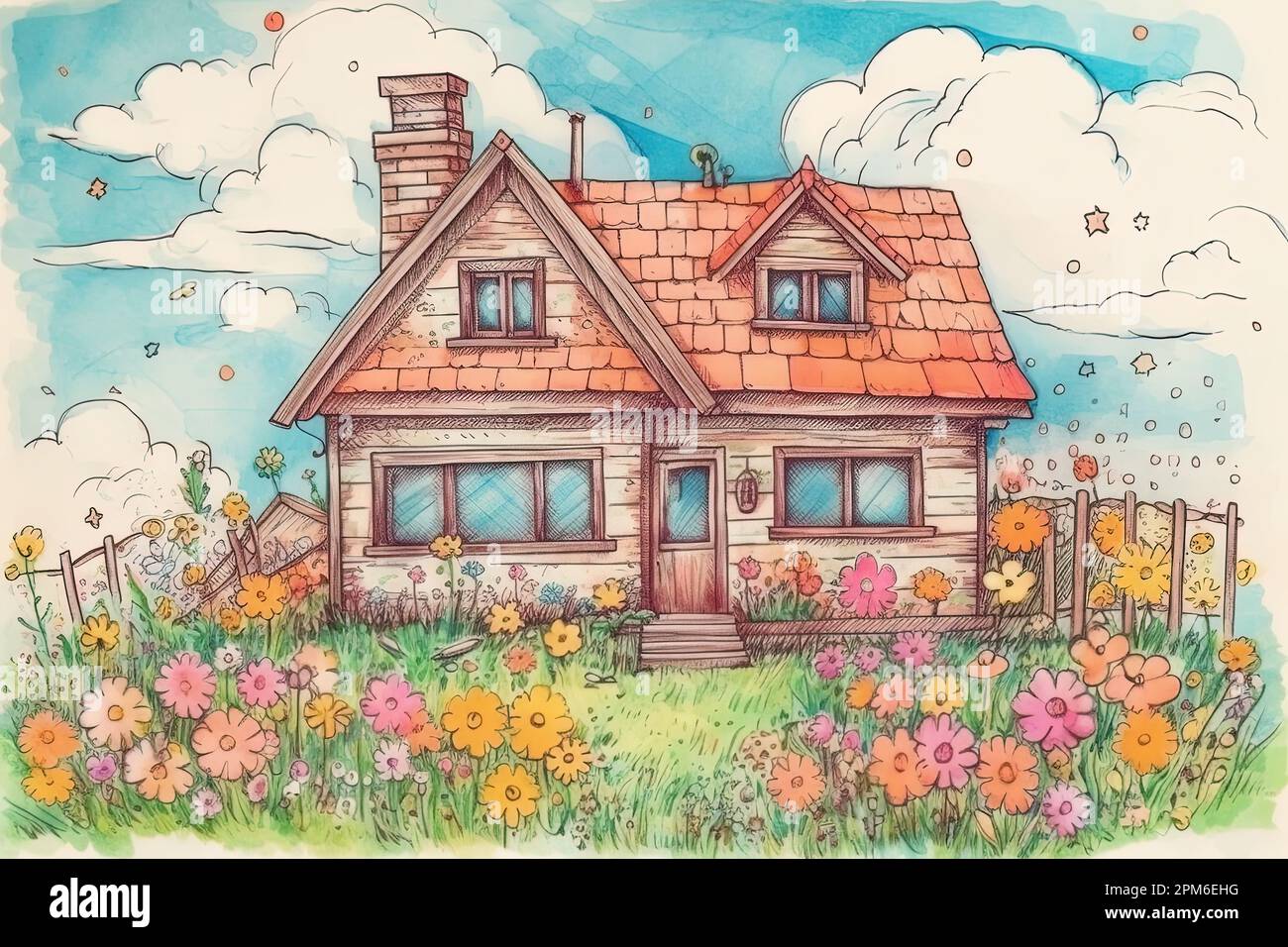 Adorable watercolor paint house in the field with flowers and trees