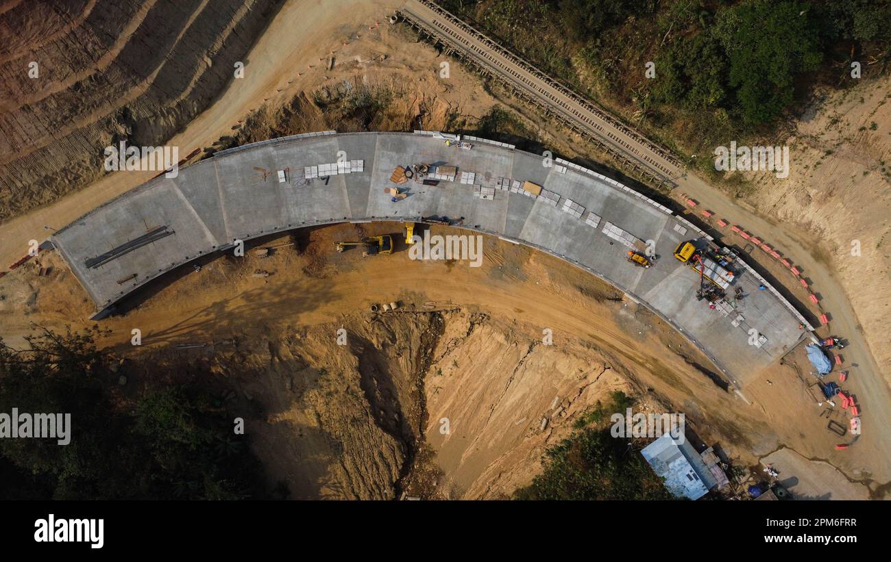 Aerial view of development of new road construction or overpass under