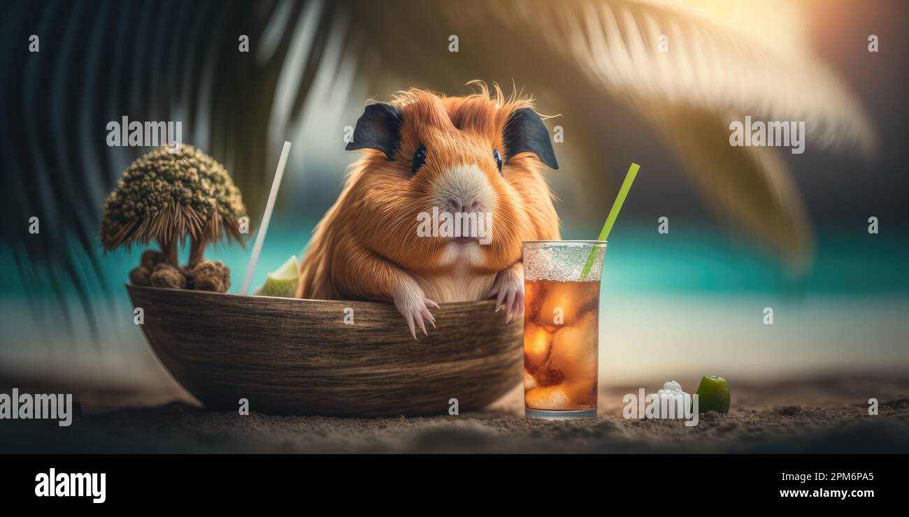Guinea pig is on summer vacation at seaside resort and relaxing on