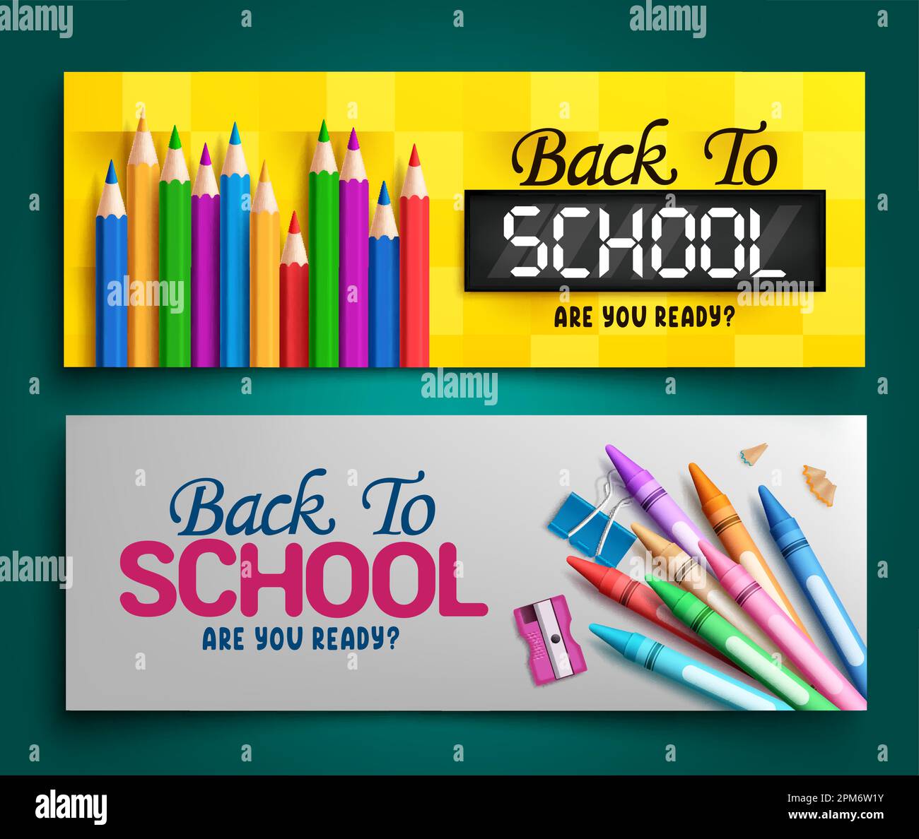 Back to school vector banner set. Back to school text with educational