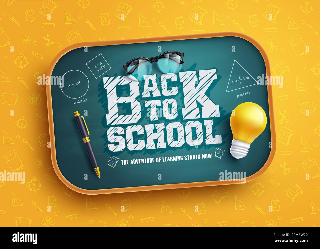 Back to school vector design. Back to school text in chalkboard element with light bulb and pen educational elements. Vector illustration back Stock Vector