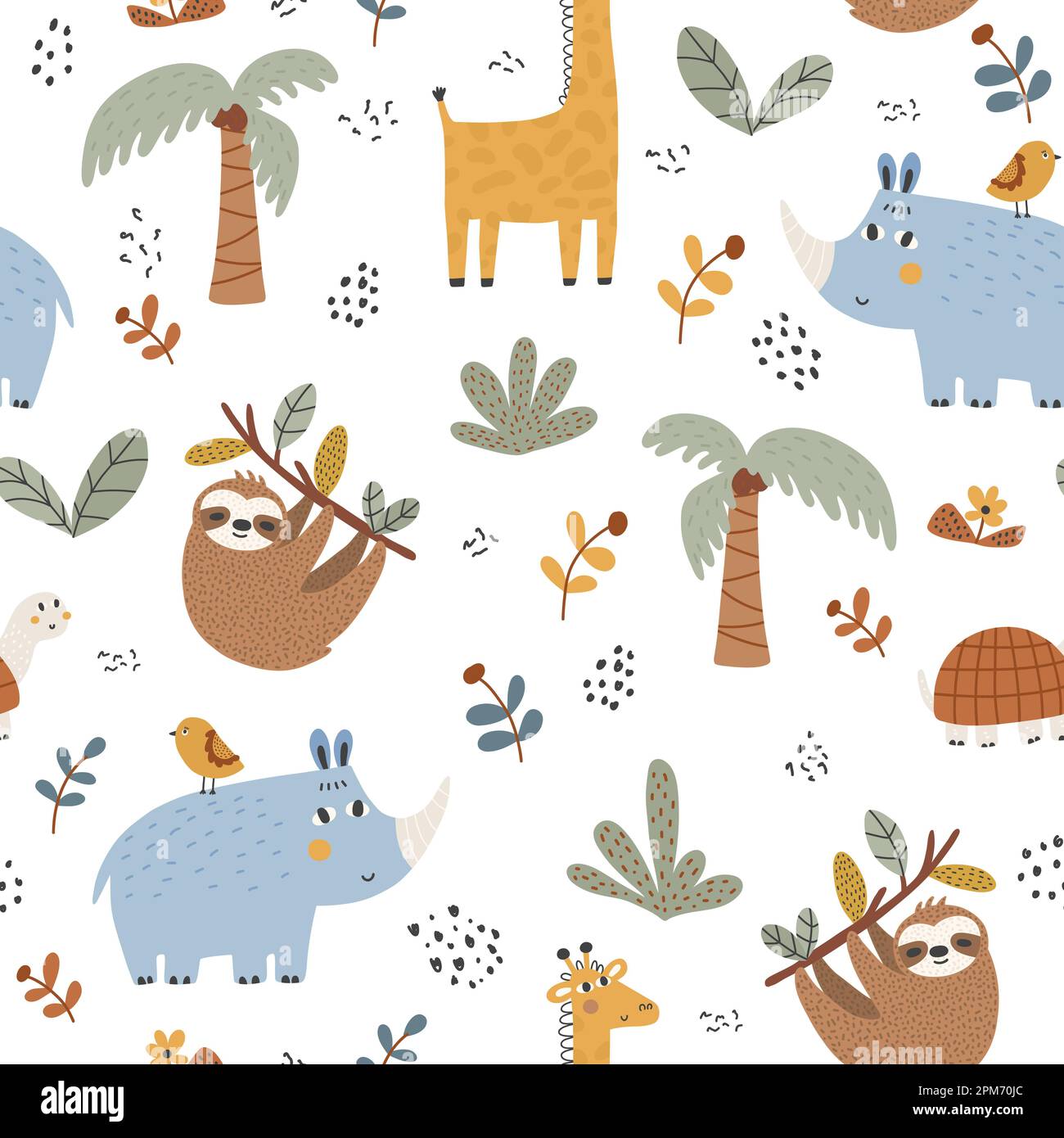 Vector hand drawn seamless pattern with cute african animals isolated ...