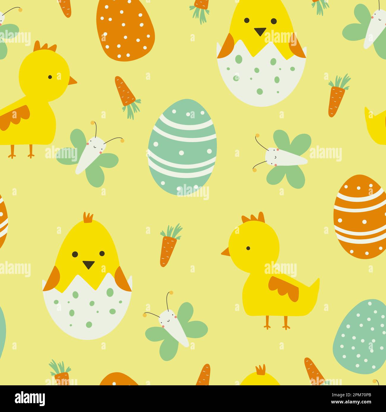 Easter seamless pattern in cartoon style. Colorful childish doodle with eggs, birds and flowers. Creative baby texture for fabric, paper Stock Vector