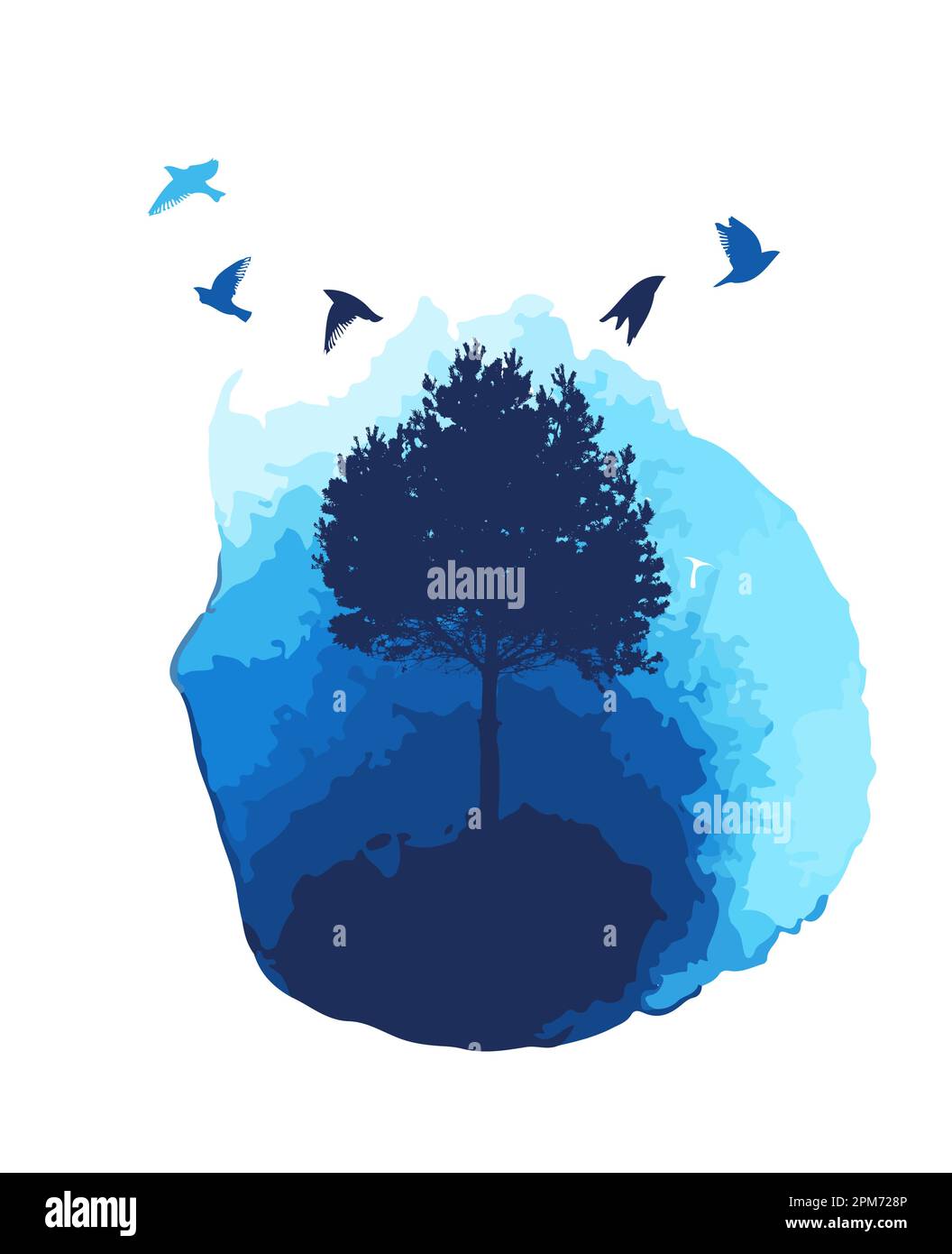 The object is a tree with birds in a watercolor. Vector illustration ...