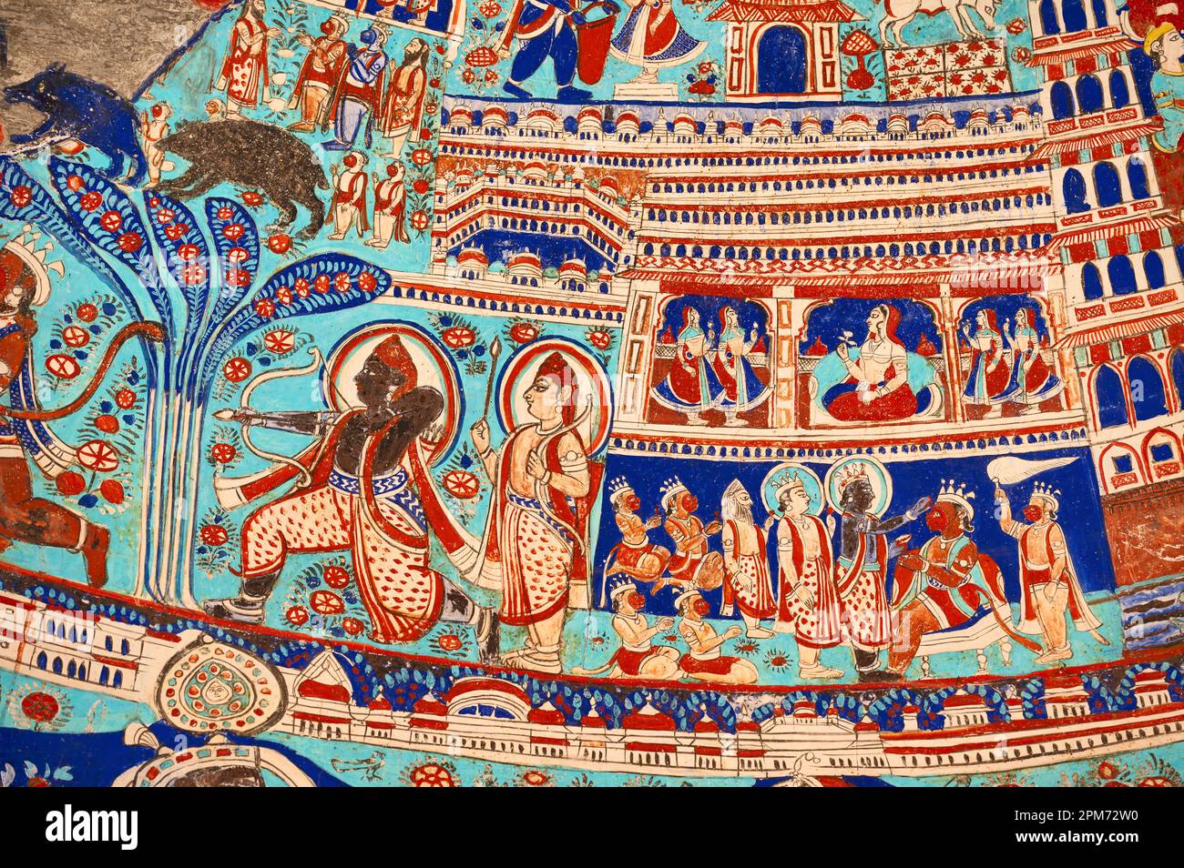 Mythological paintings on the ceiling dome of Seth Ram Gopal Poddar Chhatri. 500 murals depicting lives of Lord Ram & Lord Krishna, built 150 yrs ago Stock Photo