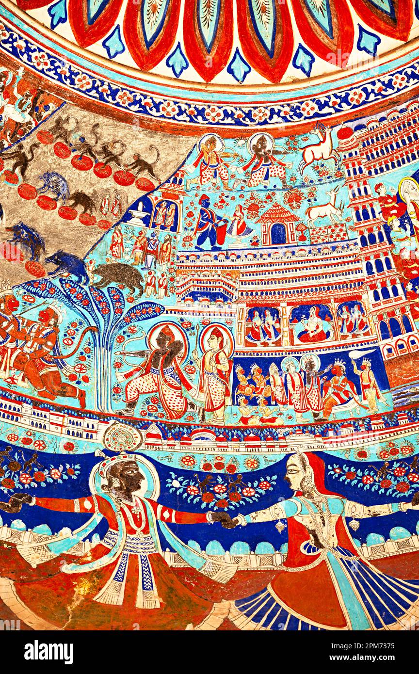 Mythological paintings on the ceiling dome of Seth Ram Gopal Poddar Chhatri. 500 murals depicting lives of Lord Ram & Lord Krishna, built 150 yrs ago Stock Photo