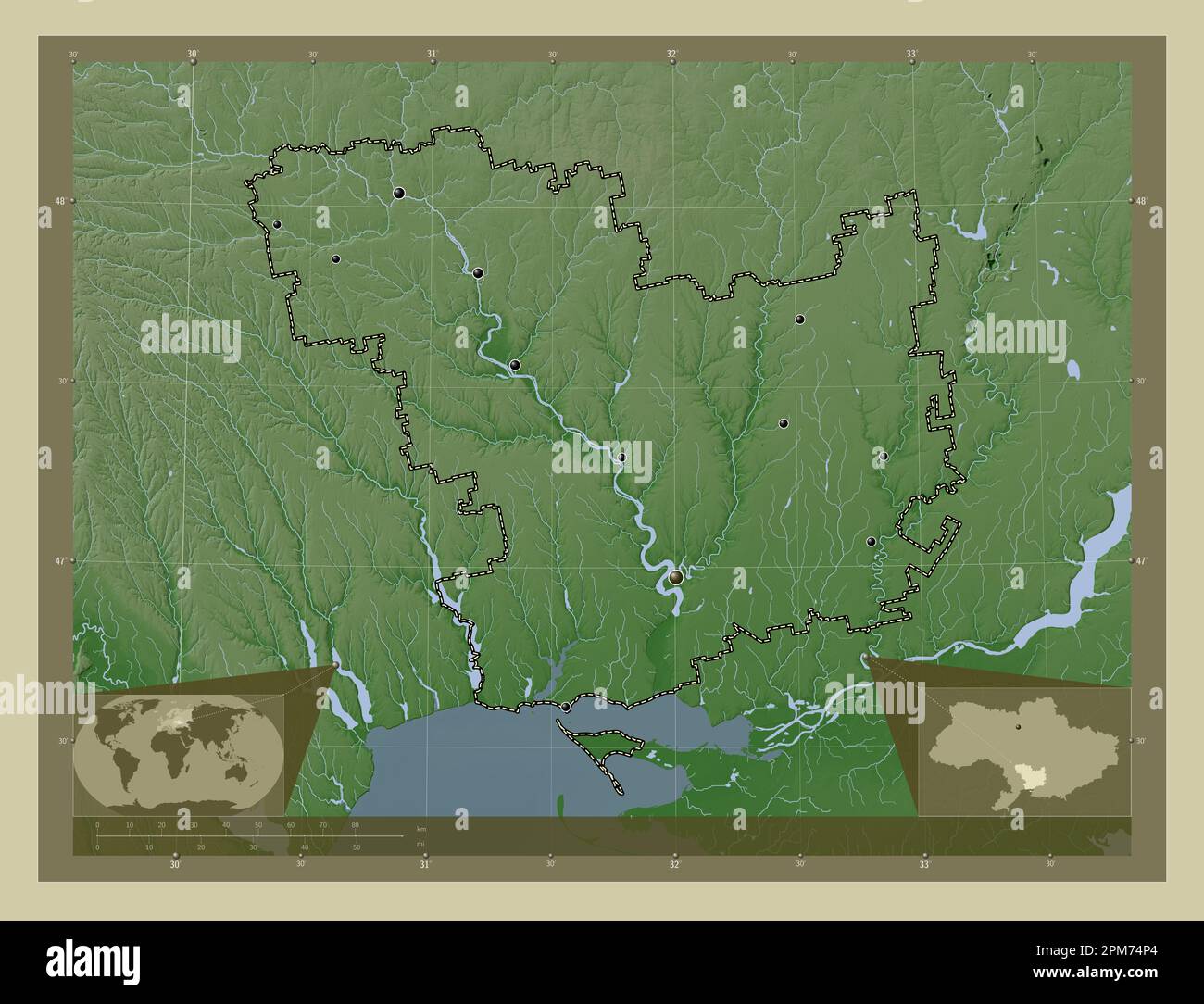 Main Ukraine Rivers Mykolayiv, region of Ukraine. Elevation map colored in wiki style with ...