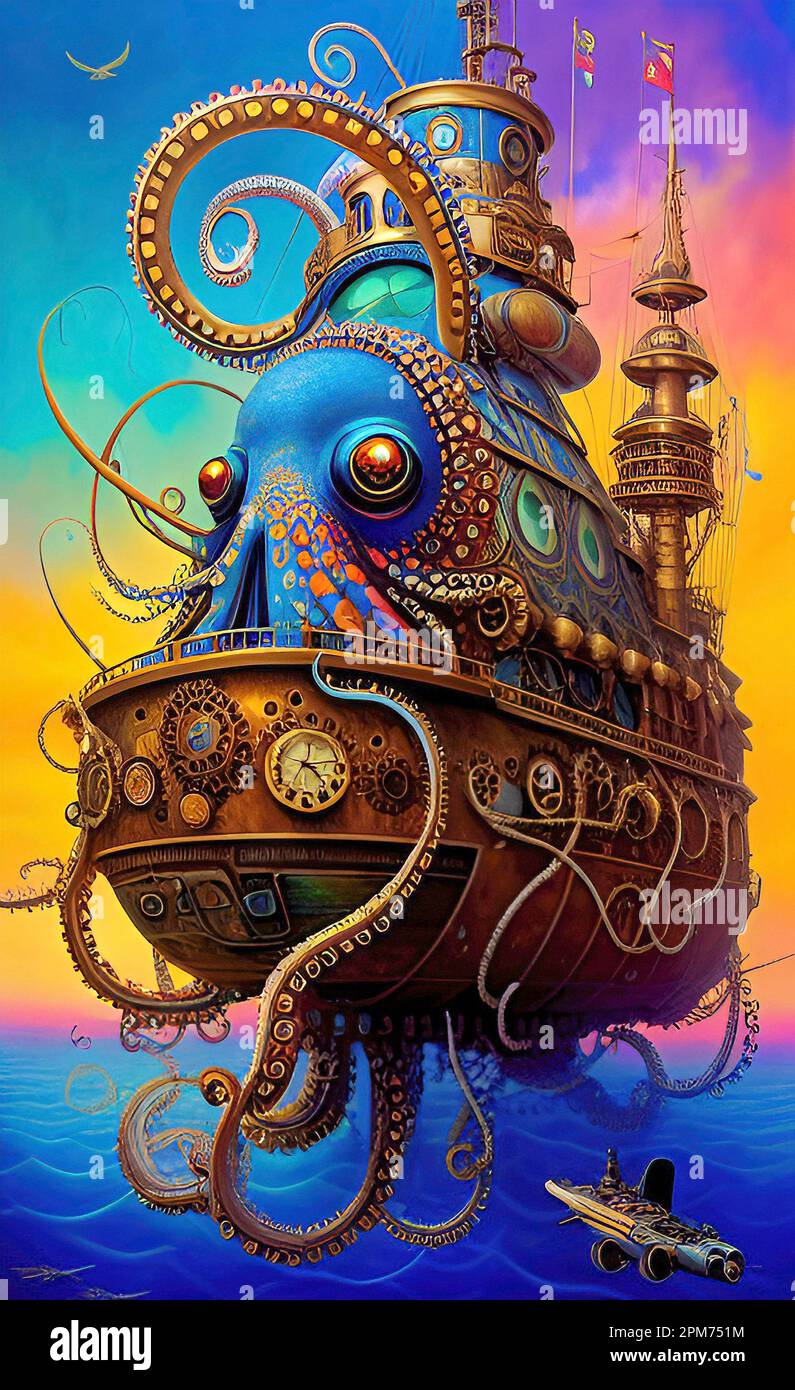 Steampunk Flying Octopus Ship Stock Photo