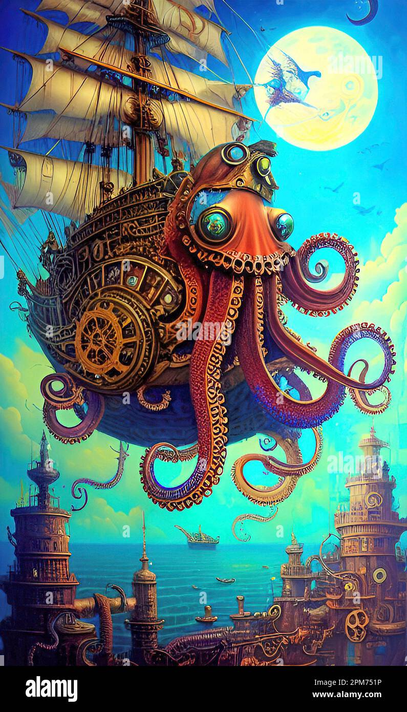 Steampunk Flying Octopus Ship Stock Photo