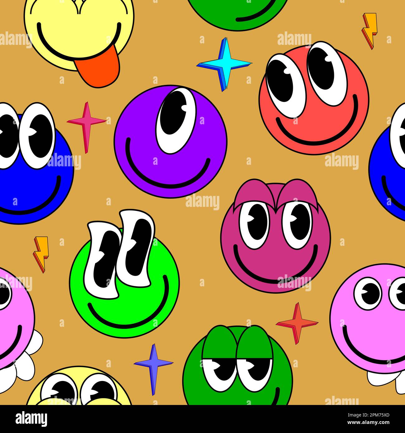 Smiley faces stickers, trippy seamless pattern. Retro trendy background Stock Vector