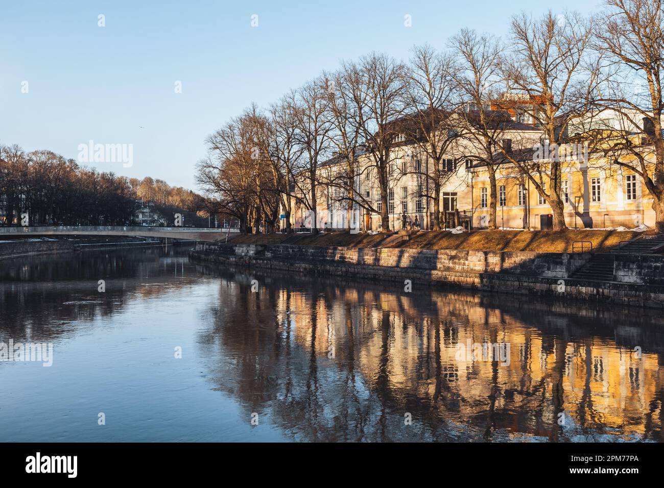 Aurajoki river in Turku, Finland in spring during golden hour in the morning. Stock Photo