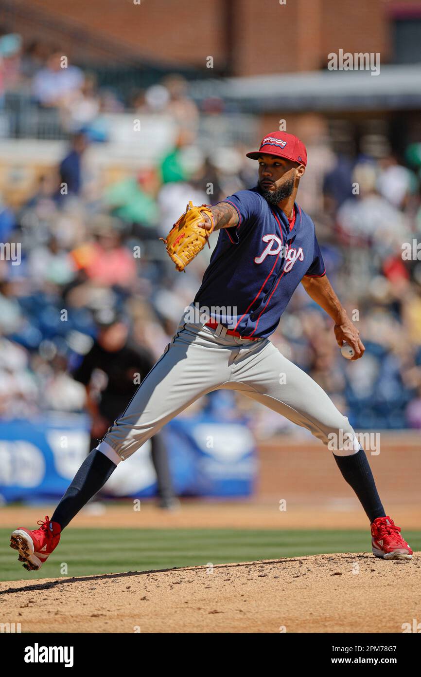 Durham, NC: Durham Bulls infielder Kyle Manzardo (7) leaps to catch a ball  at first during a MiLB baseball game against the Memphis Redbirds, Tuesday  Stock Photo - Alamy