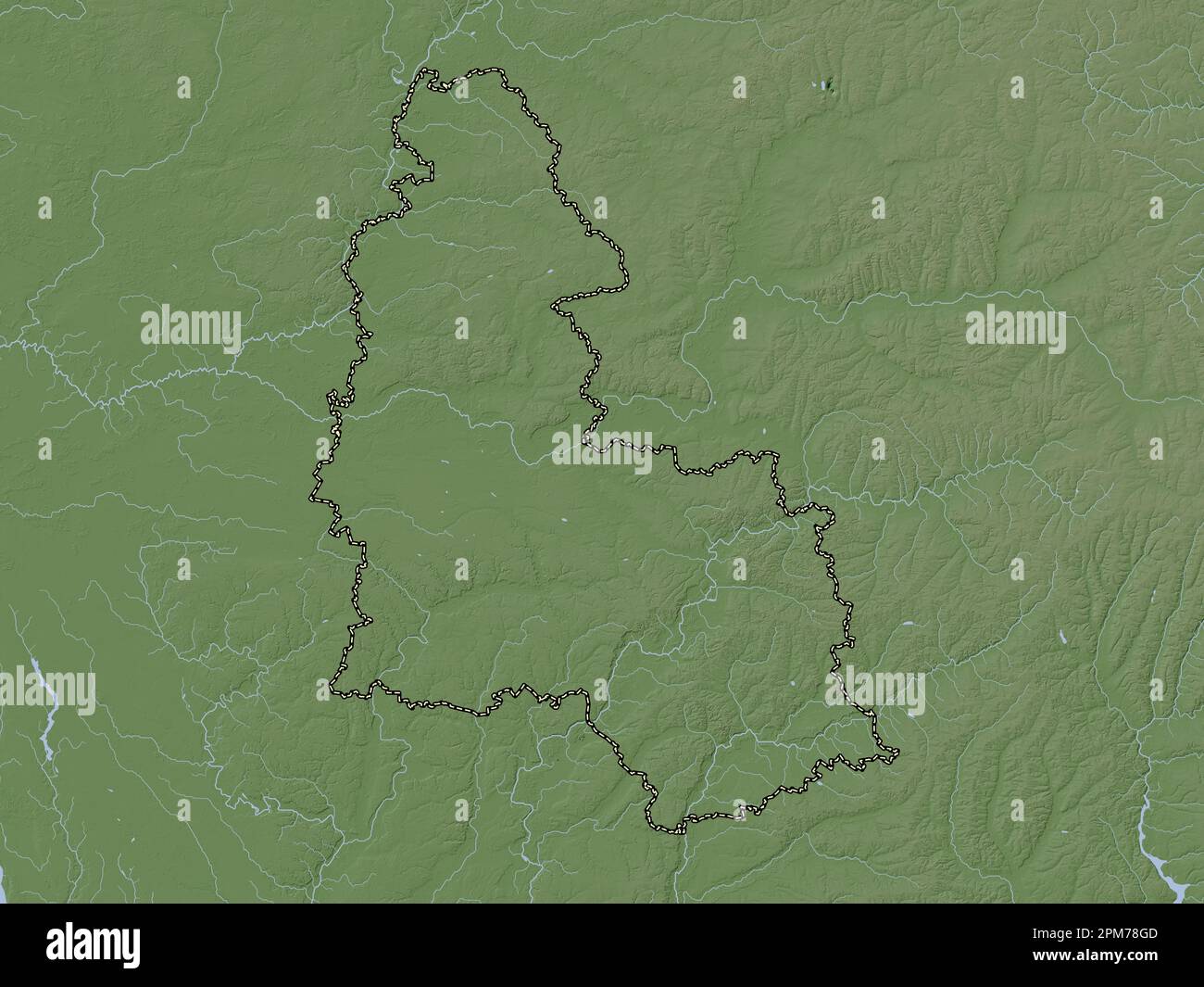 Sumy, region of Ukraine. Elevation map colored in wiki style with lakes and rivers Stock Photo