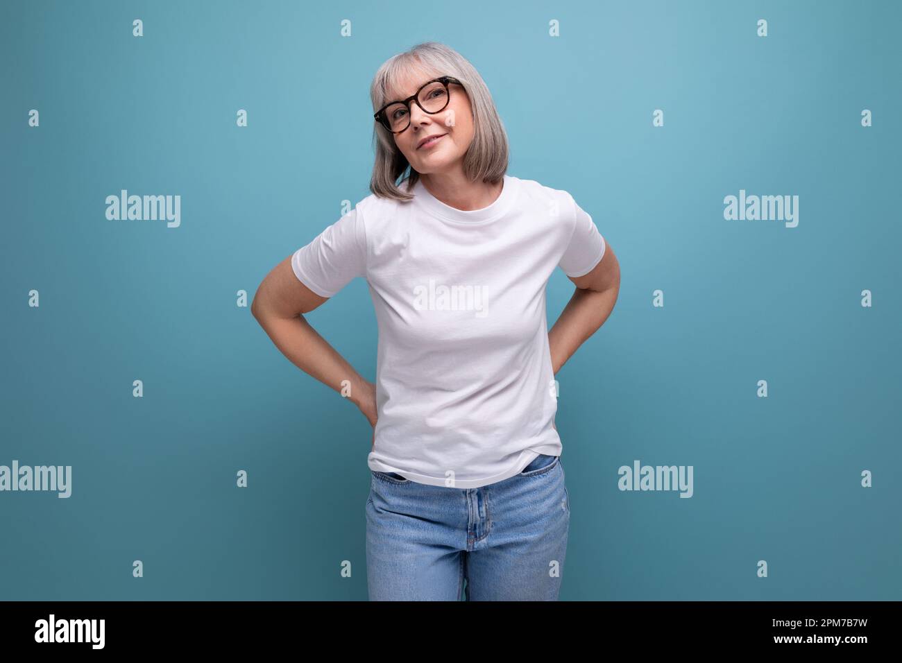 mature lady with bob haircut posing on studio background with mocap Stock Photo