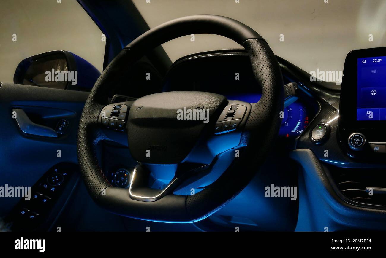 Car Steering Wheel And Dashboard View From Driver Position Stock Photo