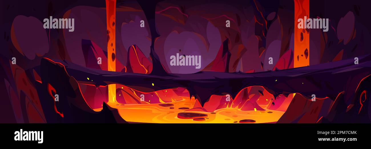 Lava flow inside volcano cave. Vector cartoon illustration of hell landscape with hot magma river under stone bridge between rocky mountain walls. Underground inferno tunnel. Adventure game background Stock Vector