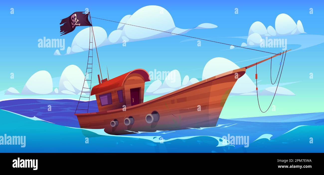 Cartoon pirate ship sailing in sea waters. Vector illustration of old wooden boat with cannons and black flag with Jolly Roger sign against ocean waves background under blue sky. Adventure game design Stock Vector