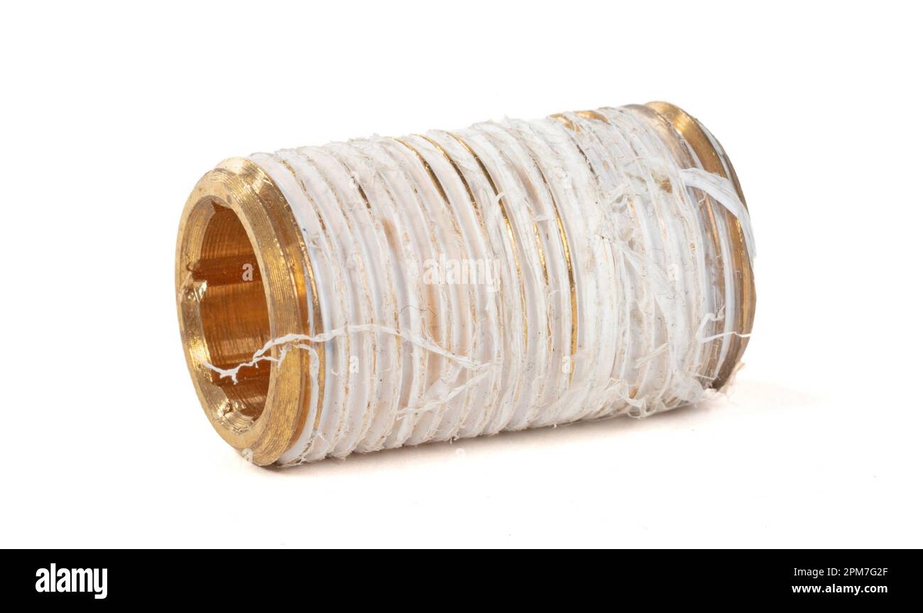 Brass fitting for plumbing pipes, old teflon tape around it, isolated on white Stock Photo Alamy