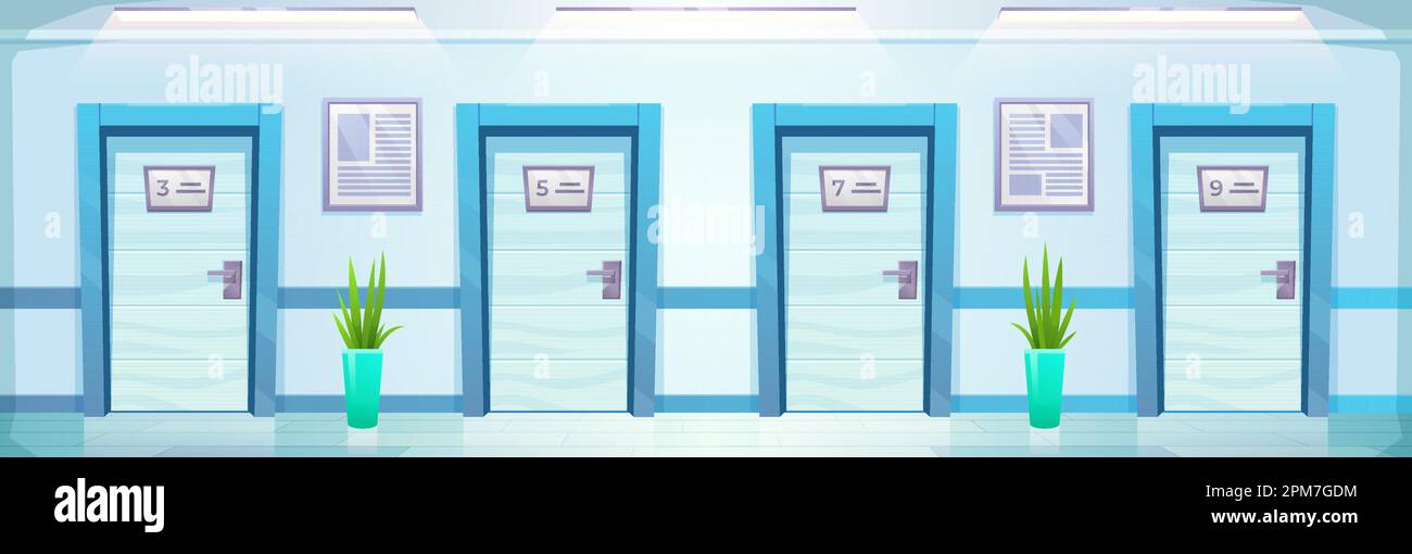 Hospital corridor with room door vector cartoon background. Emergency hallway in clinic with light blue wall and entrance to cabinet or ward with number. Empty ambulatory panorama Stock Vector