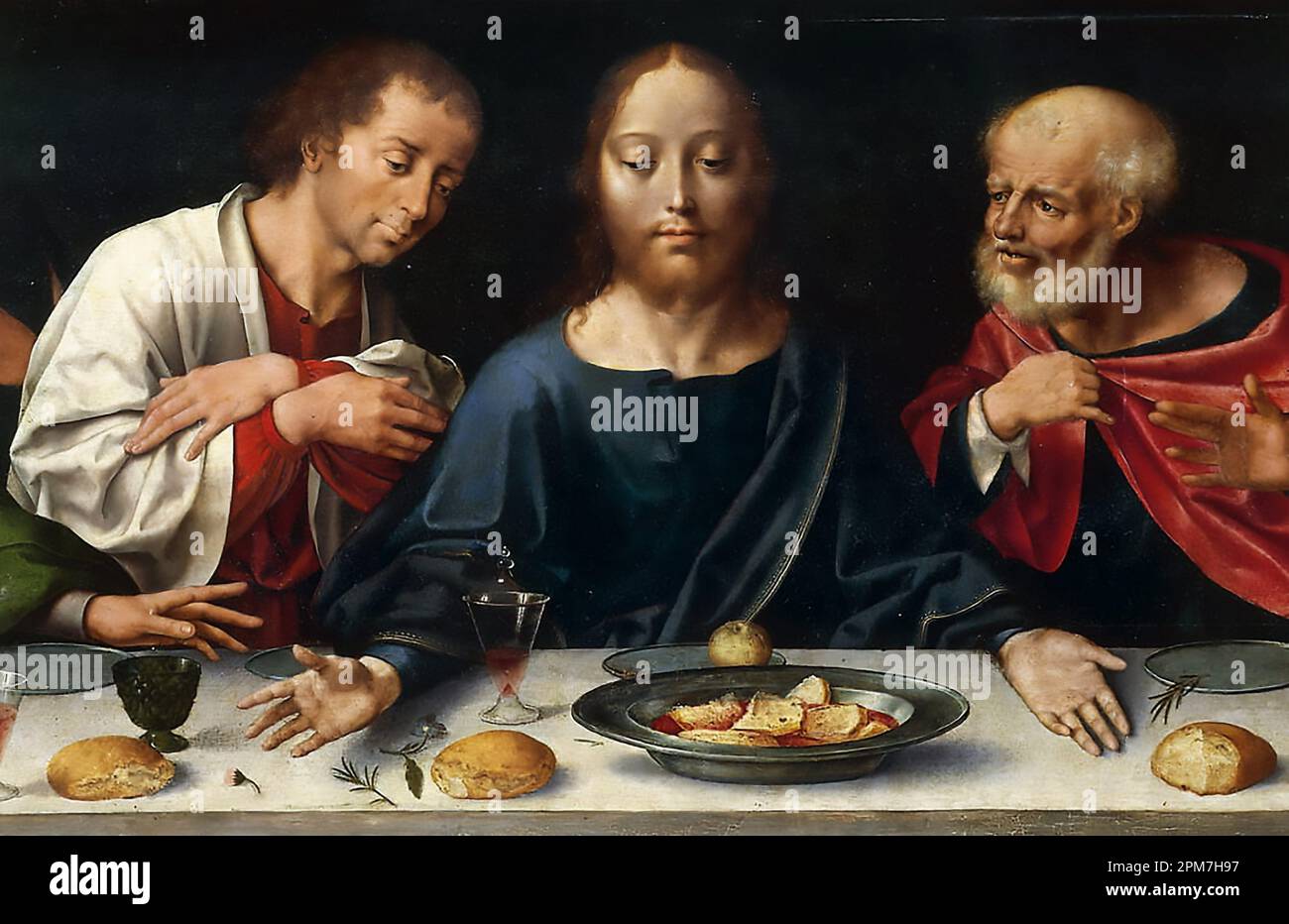 The Last Supper, Christ between John and Peter Joos van Cleve 1520–1525 The Last Supper, Christ between John and Peter is an oil-on-panel painting Stock Photo