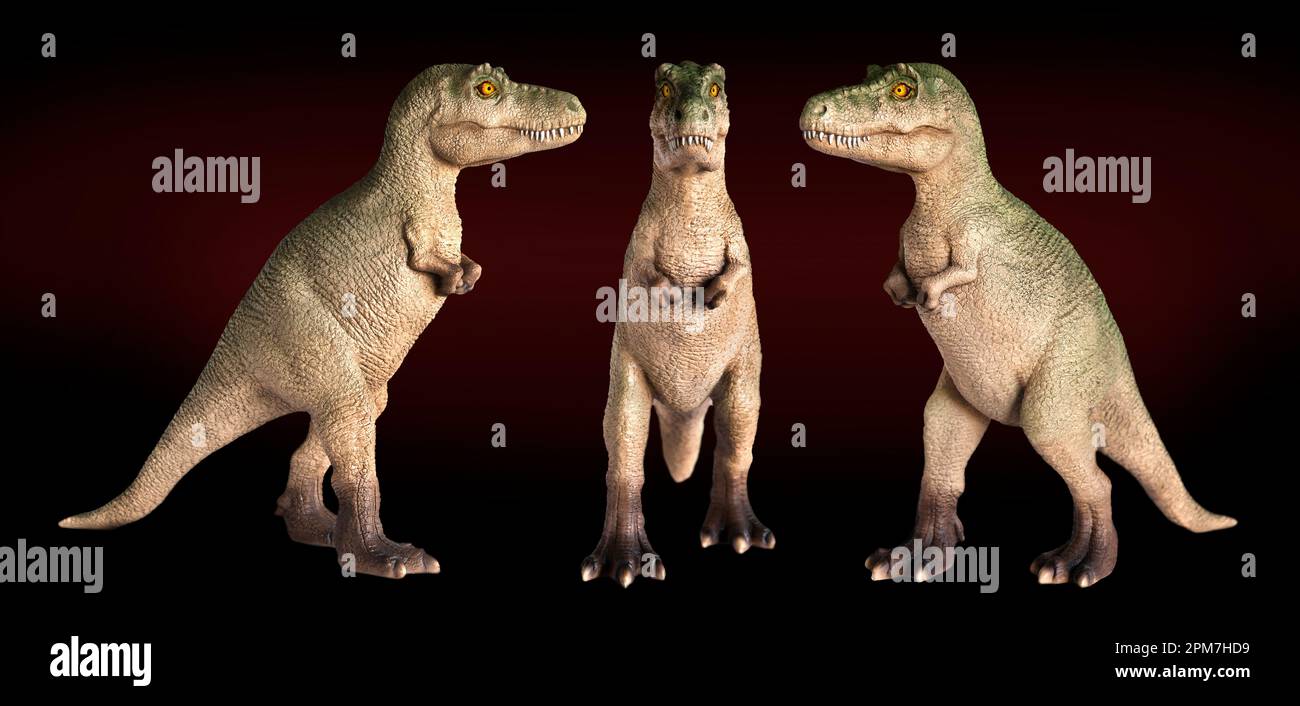 Tame T-Rex. dinosaur model. THREE VIEWS, DARK BACKGROUND Stock Photo