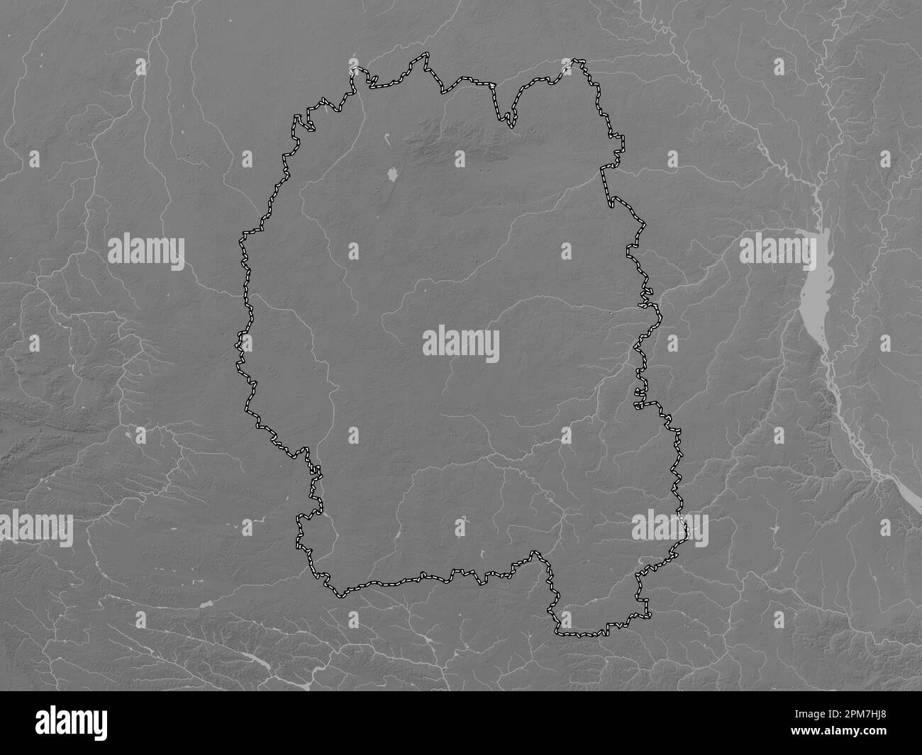 Zhytomyr, region of Ukraine. Grayscale elevation map with lakes and rivers Stock Photo