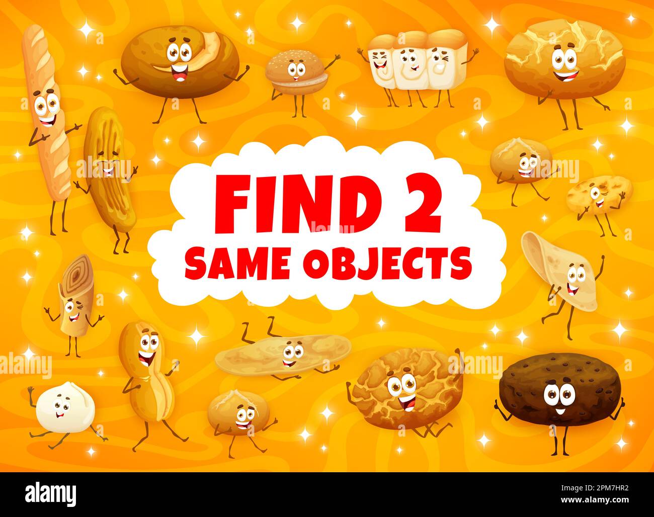 Cartoon bread, bakery and pastry characters. Find two same personages. Difference spotting kids