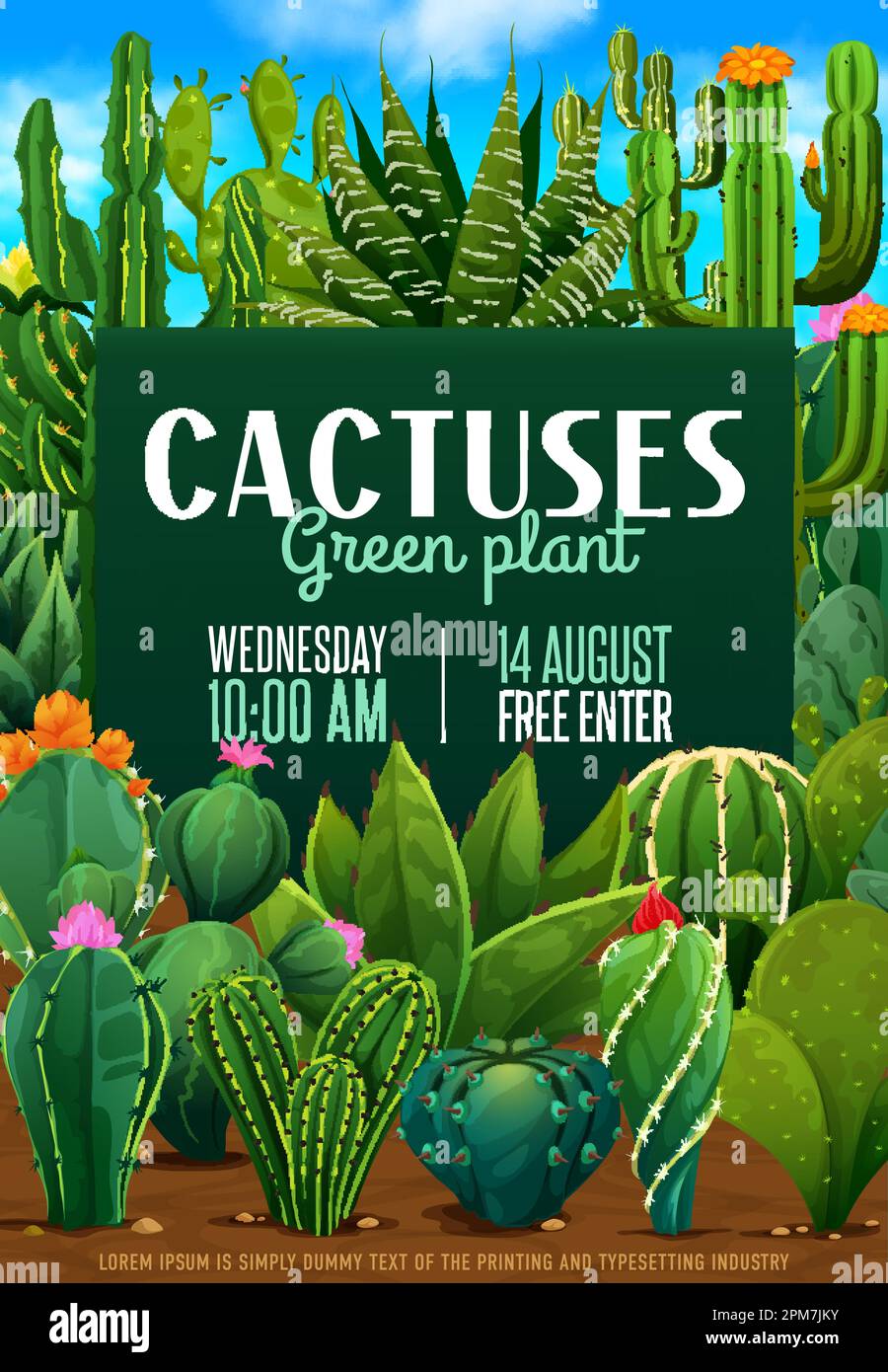 Cactus succulents shop flyer. Vector desert plants with flowers, green prickly leaves and stems. Cartoon blooming agave, saguaro, opuntia, rebutia and Stock Vector