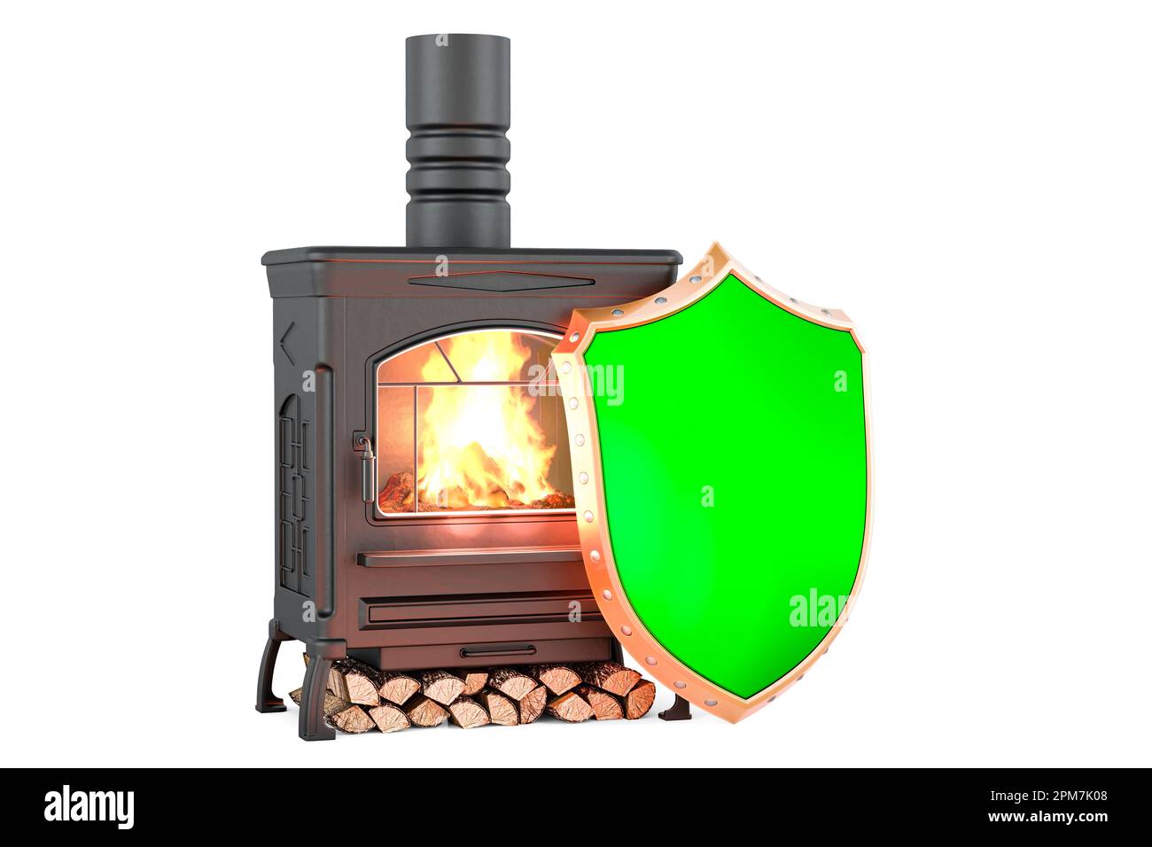 Potbelly stove, wood burner stove with shield, 3D rendering isolated on