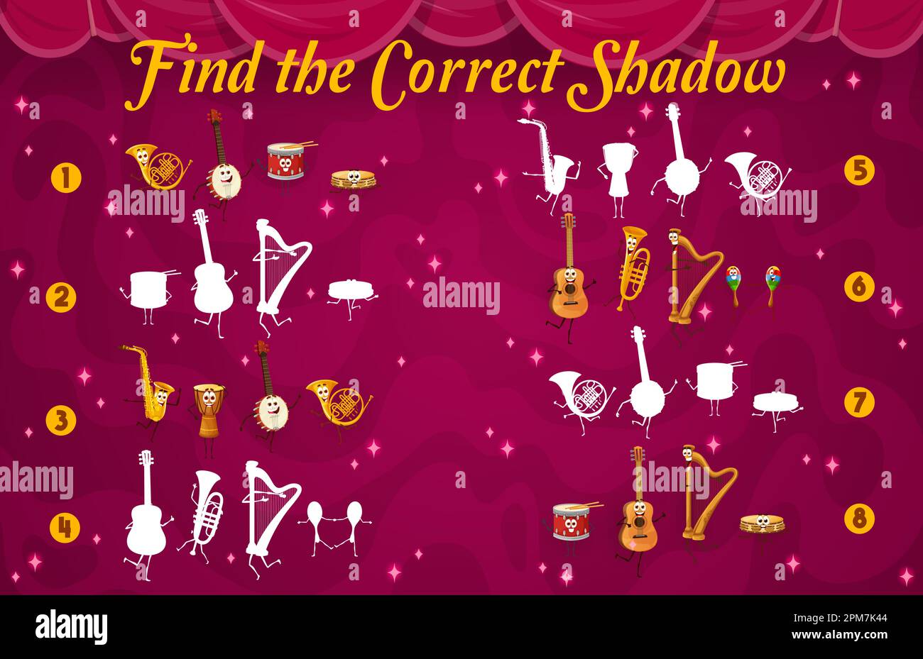 Find the correct shadow of cartoon musical instrument characters. Kids