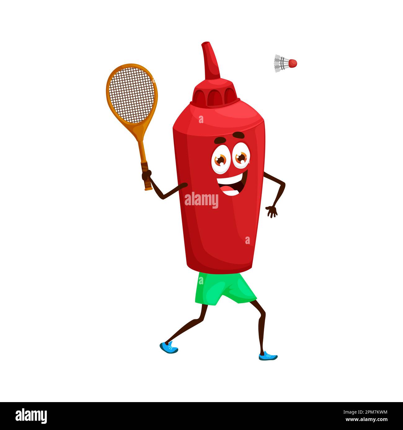 Cartoon ketchup bottle character playing badminton sport game. Funny