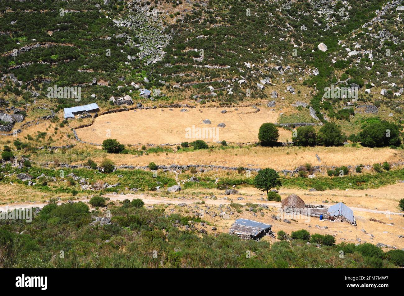 Zezere Valley, huts around a small farm fields. Serra da Estrela, Portugal. Stock Photo