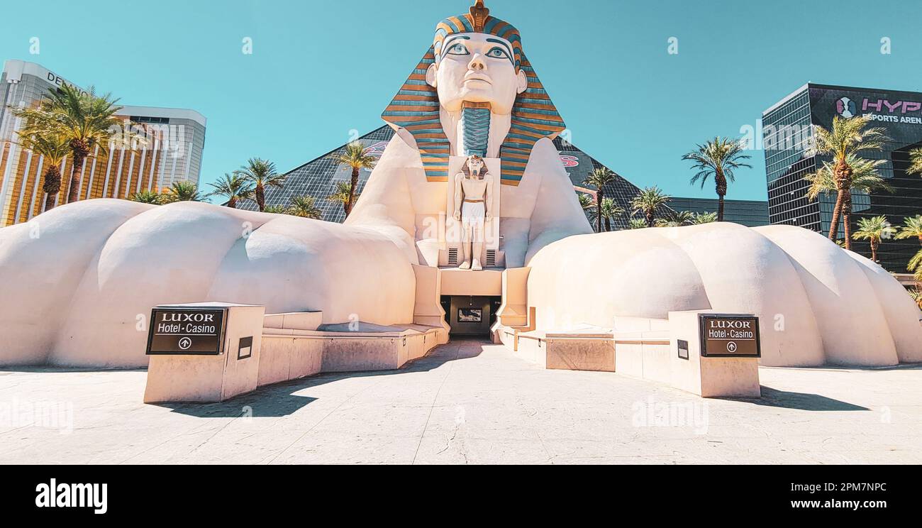 A picturesque view of an ancient Egyptian god statue standing prominently in Las Vegas, United States Stock Photo