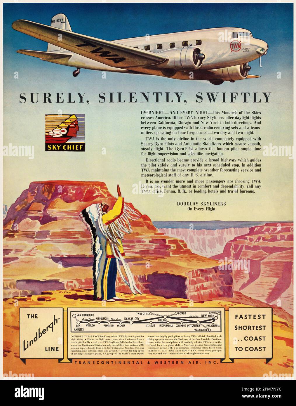 The Lindbergh Line. Surely, Silently, Swiftly. Artist unknown. Poster published in 1935 in the USA. Stock Photo