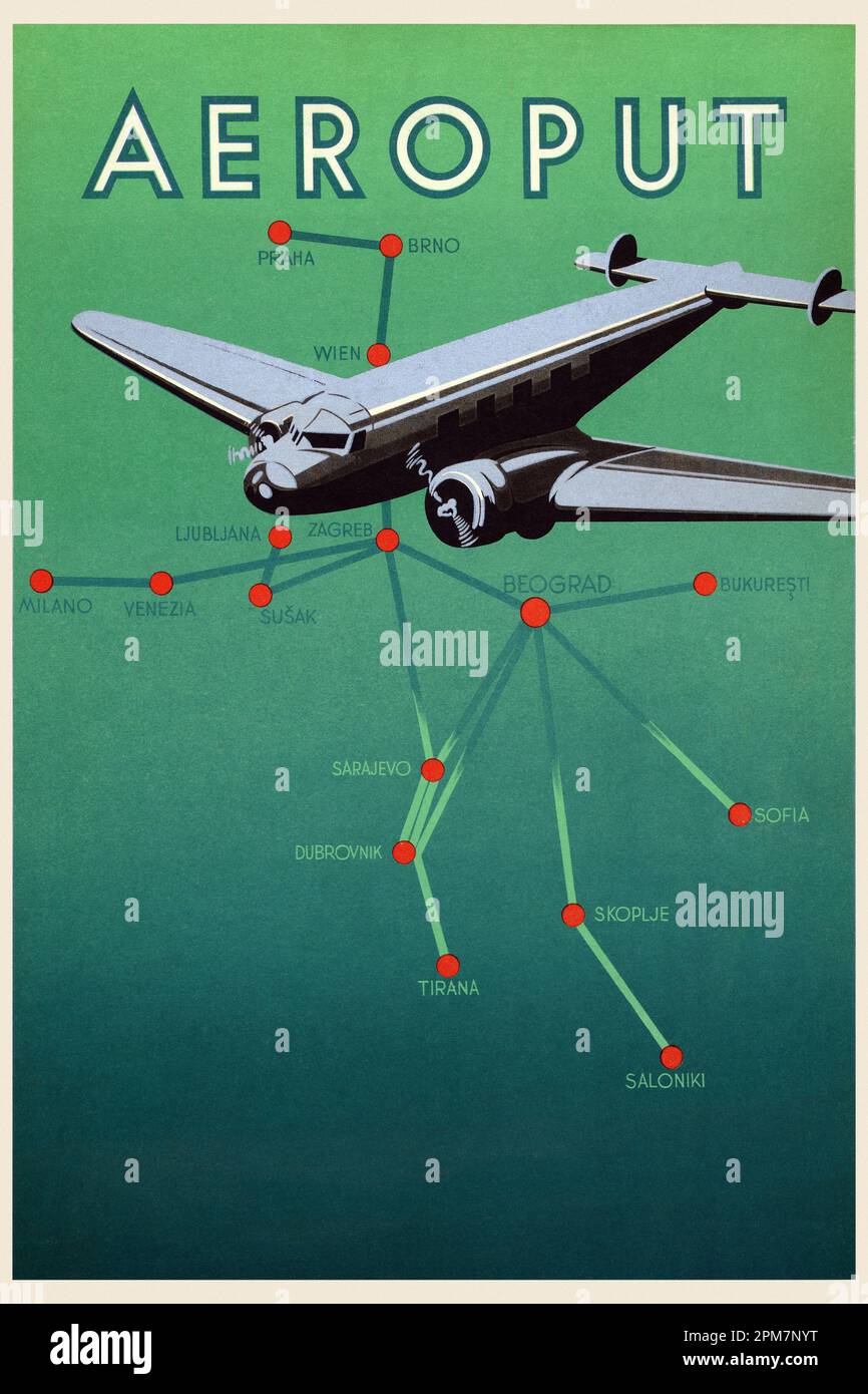 Aeroput. Artist unknown. Poster published in 1938 in Yugoslavia. Stock Photo