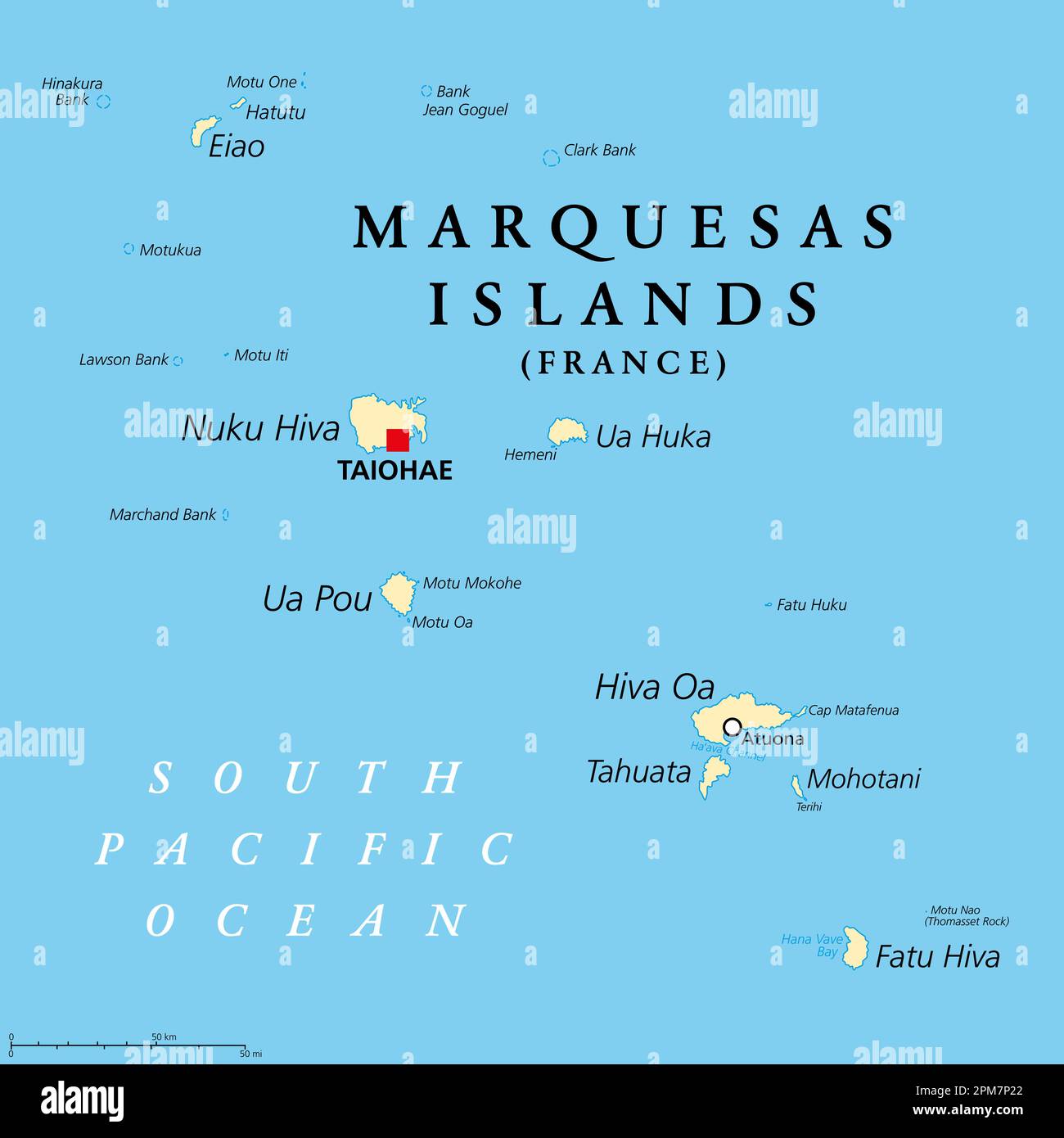 Marquesas Islands, political map. Group of volcanic islands, in French Polynesia, an overseas collectivity of France, in the South Pacific Ocean. Stock Photo