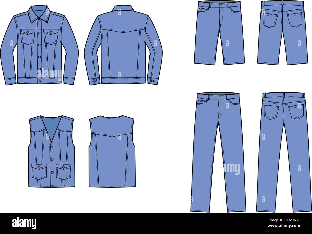 Mans jean jacket clothes. Front and back.  Stock Vector