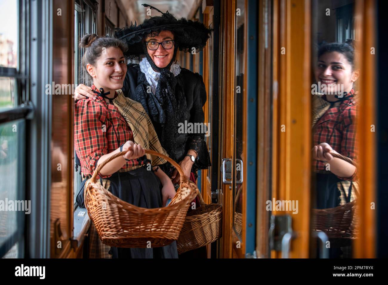 Actors, dramatization inside the Strawberry train that goes from Madrid Delicias train station to Aranjuez city Madrid, Spain.  The strawberry train i Stock Photo