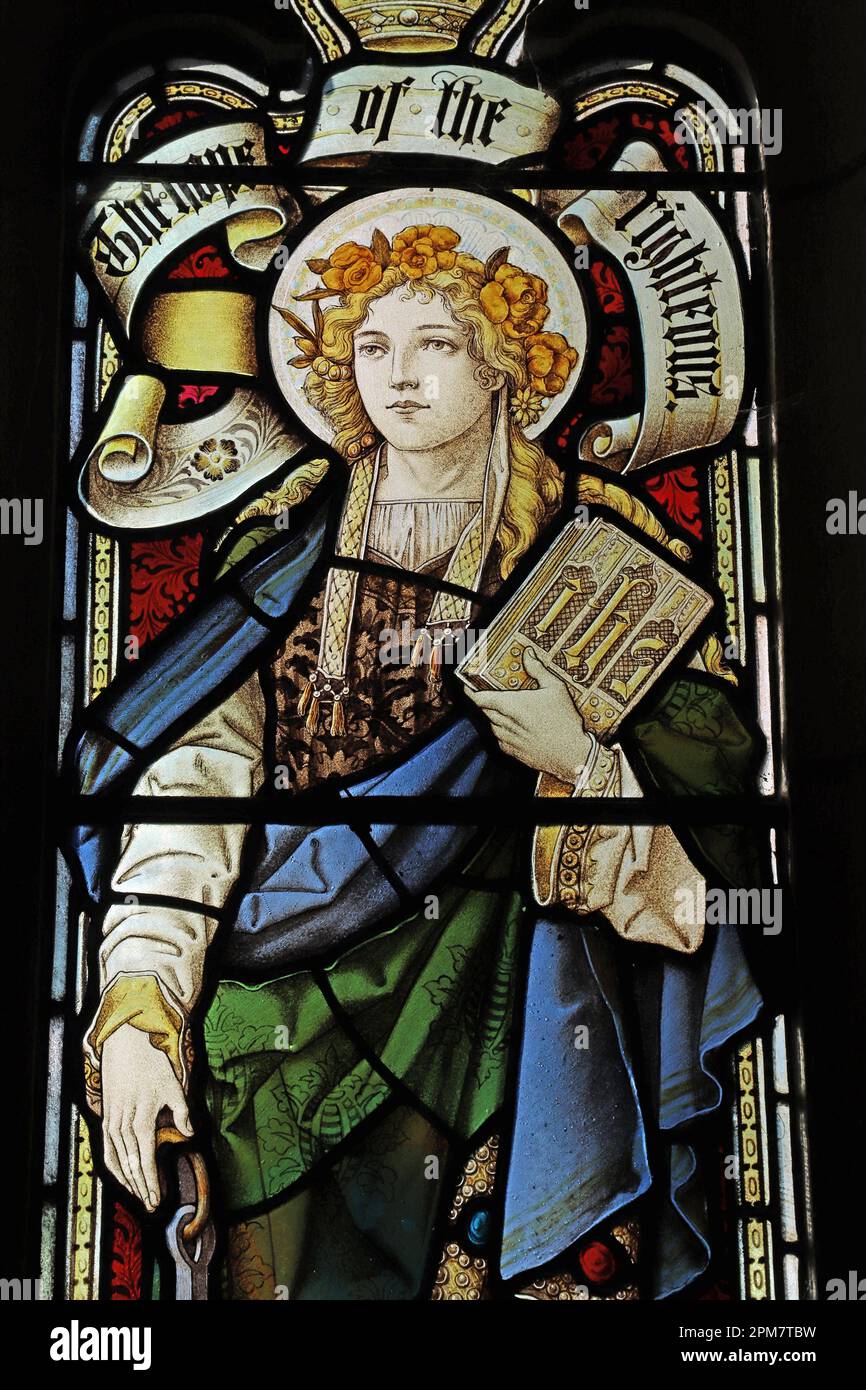 Stained glass window of 1908 by Percy Bacon & Brothers depicting zthe
