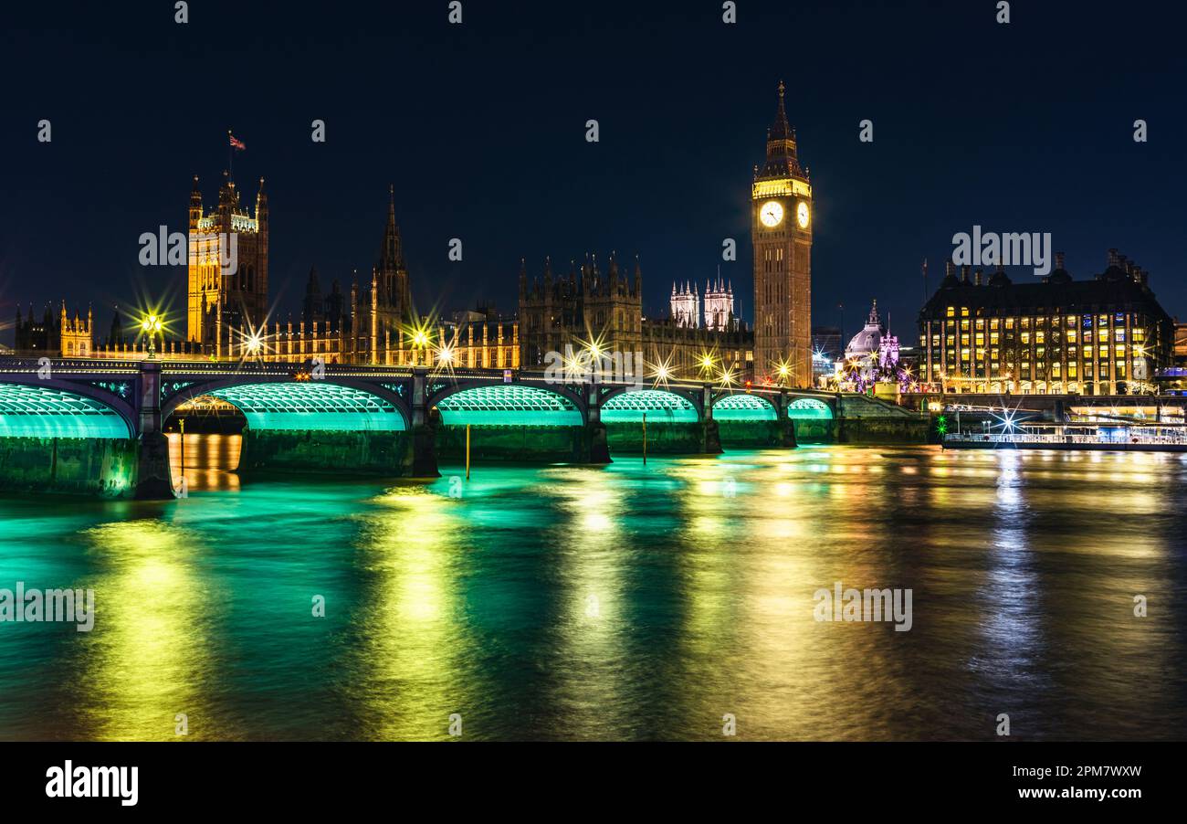 Night in London, Big Ben and Palace of Westminster over River Thames